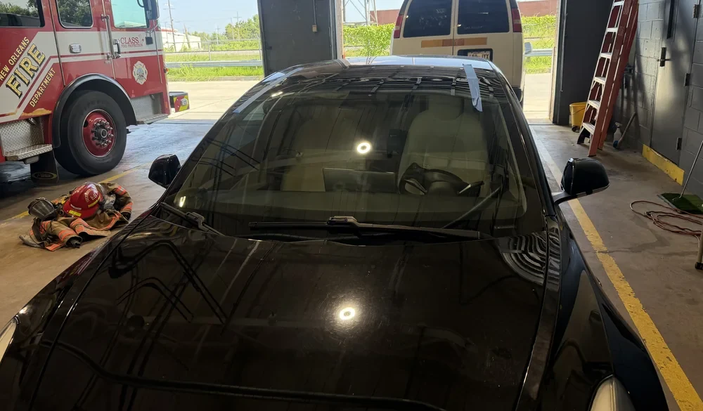 Sedan windshield. Windshield installed.