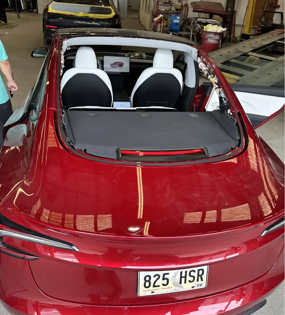 Tesla rear glass. Rear glass removed.